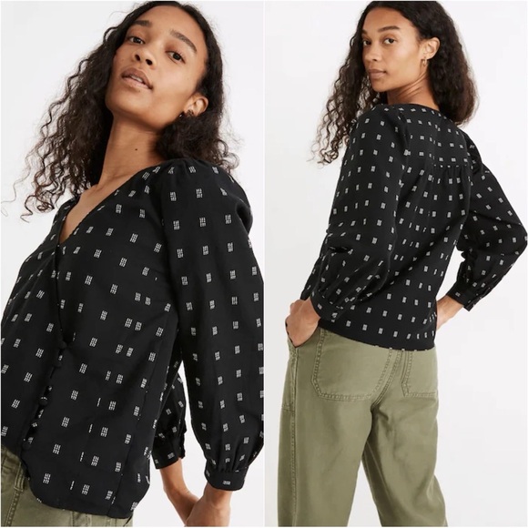 Madewell Blouse Kinston Side-Button Wrap Top in Textured Dobby True Black XL NWT - Picture 2 of 13